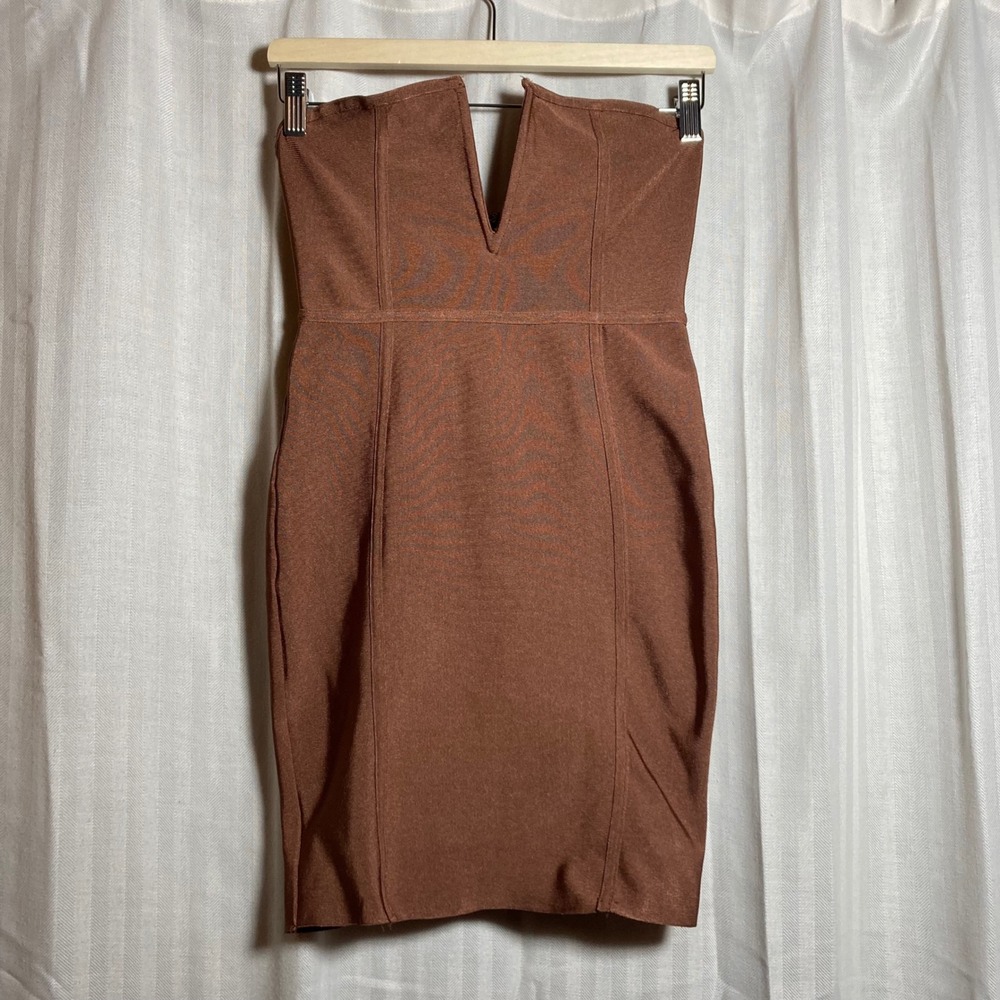 Windsor Copper Brown Strapless Deep V Notch Bandage Mini Dress M Clubwear Party